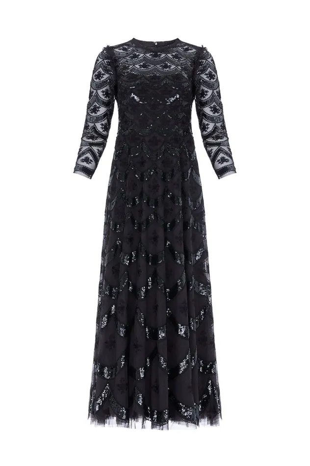 Women Embellished Dresses Needle and Thread Fifi Long Sleeve Ankle Gown Black