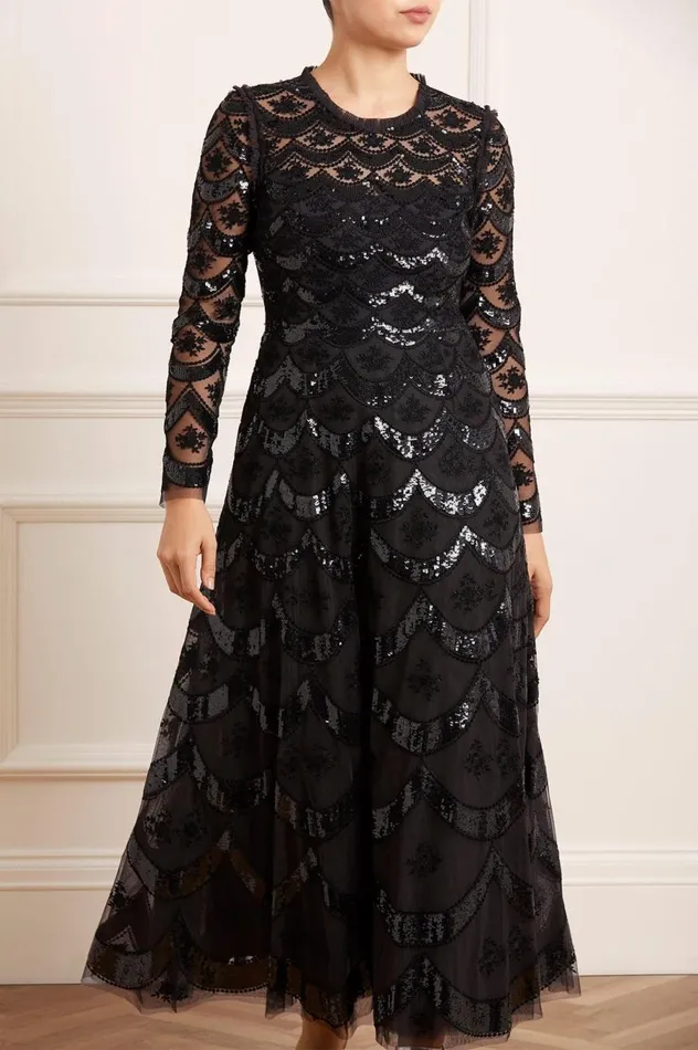 Women Embellished Dresses Needle and Thread Fifi Long Sleeve Ankle Gown Black