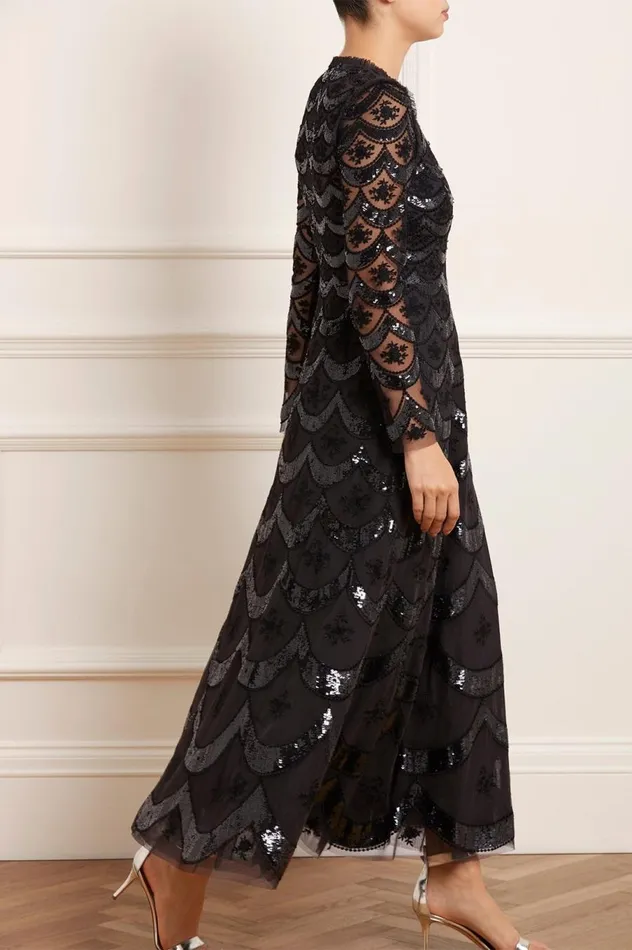 Women Embellished Dresses Needle and Thread Fifi Long Sleeve Ankle Gown Black