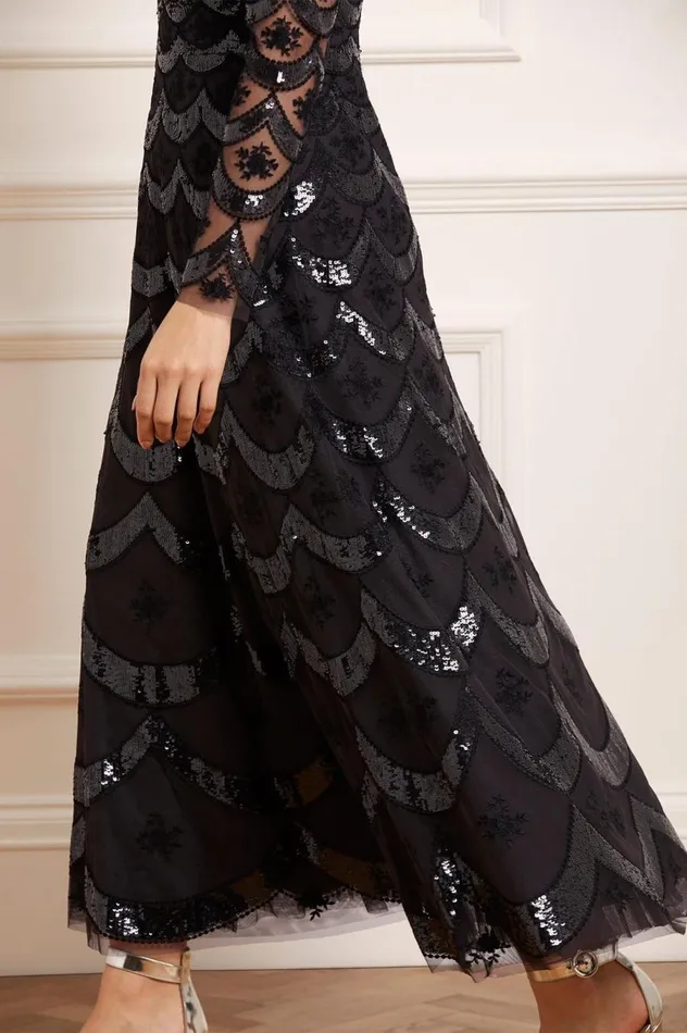 Women Embellished Dresses Needle and Thread Fifi Long Sleeve Ankle Gown Black