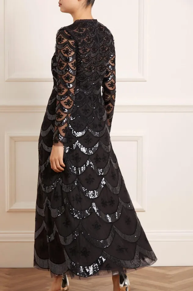 Women Embellished Dresses Needle and Thread Fifi Long Sleeve Ankle Gown Black
