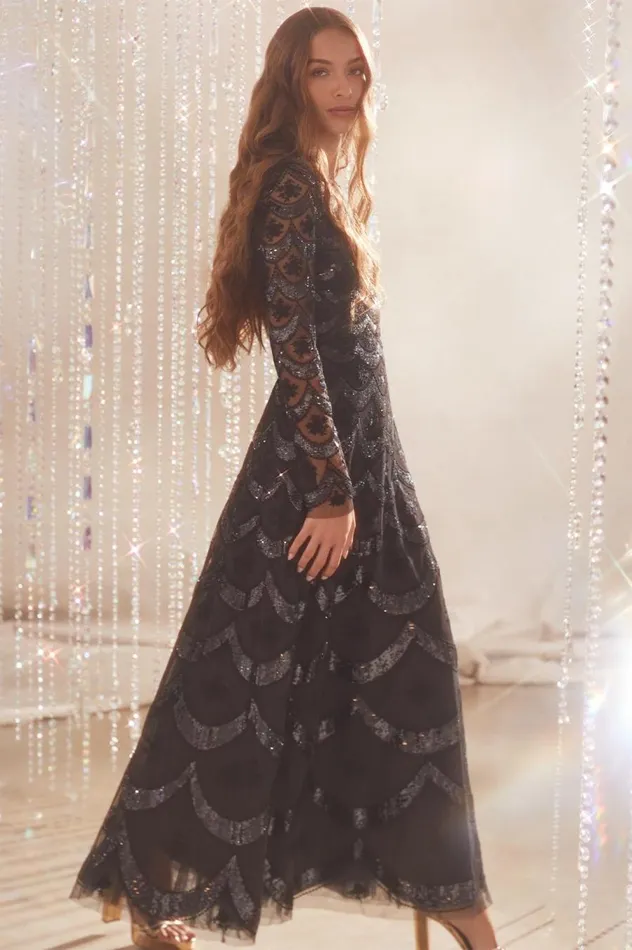 Women Embellished Dresses Needle and Thread Fifi Long Sleeve Ankle Gown Black