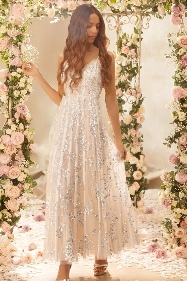 Women Embellished Dresses Needle and Thread Floral Evermore Sequin Cami Ankle Gown Champagne