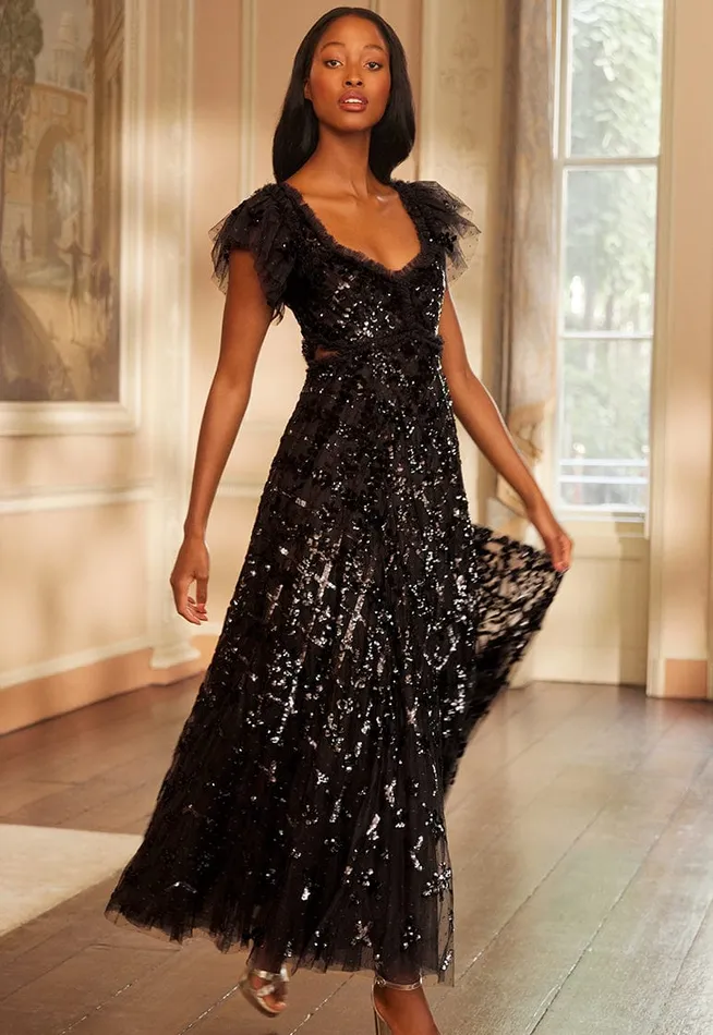 Women Embellished Dresses Needle and Thread Floral Lattice Ruffle Gown Black
