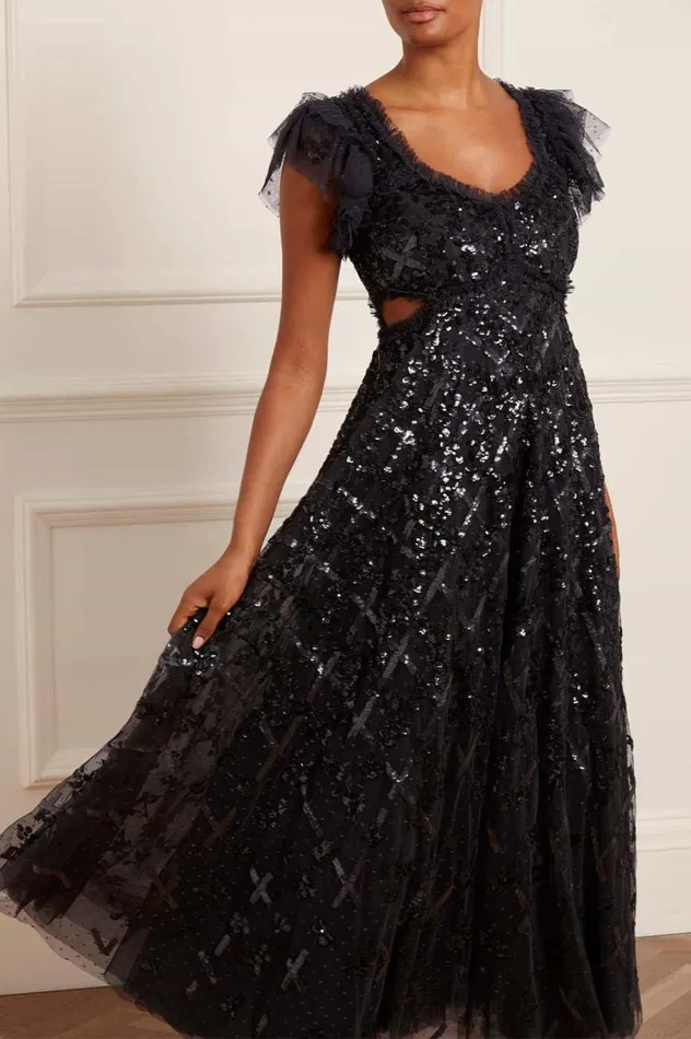Women Embellished Dresses Needle and Thread Floral Lattice Ruffle Gown Black