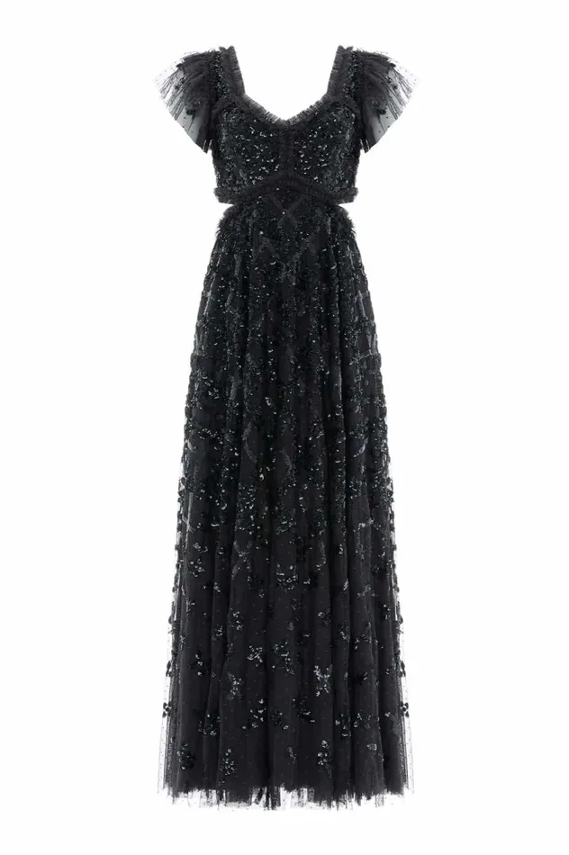 Women Embellished Dresses Needle and Thread Floral Lattice Ruffle Gown Black