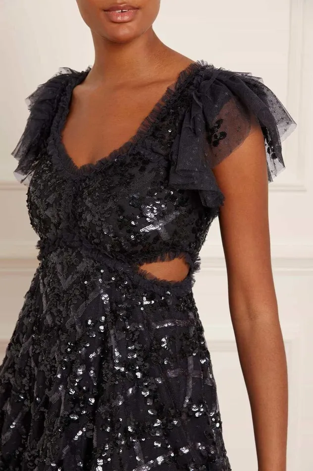 Women Embellished Dresses Needle and Thread Floral Lattice Ruffle Gown Black