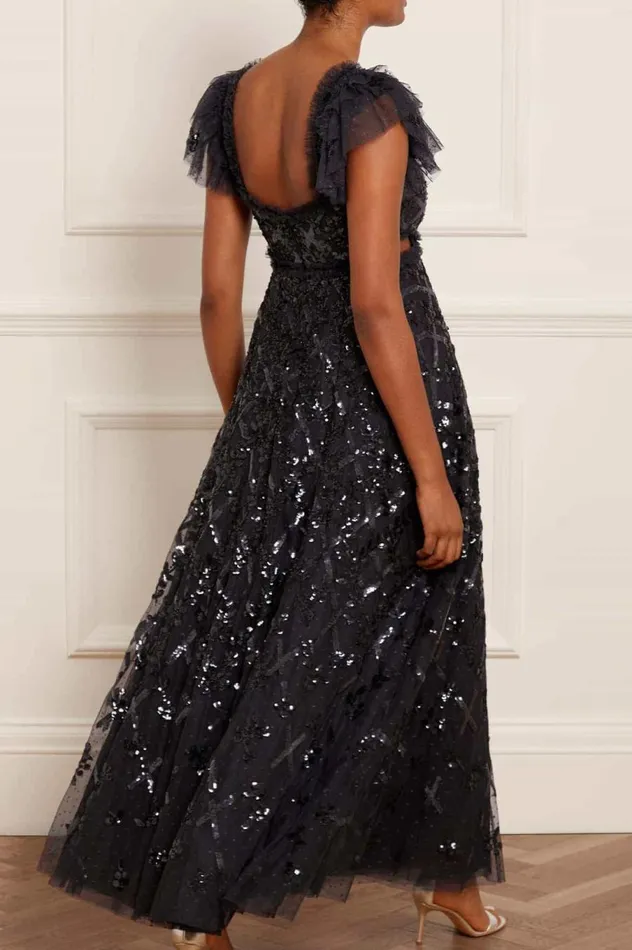 Women Embellished Dresses Needle and Thread Floral Lattice Ruffle Gown Black