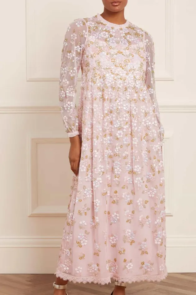 Women Embellished Dresses Needle and Thread Lena Long Sleeve Ankle Gown Pink