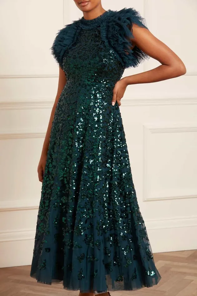 Women Embellished Dresses Needle and Thread Sequin Rose Ankle Gown Green