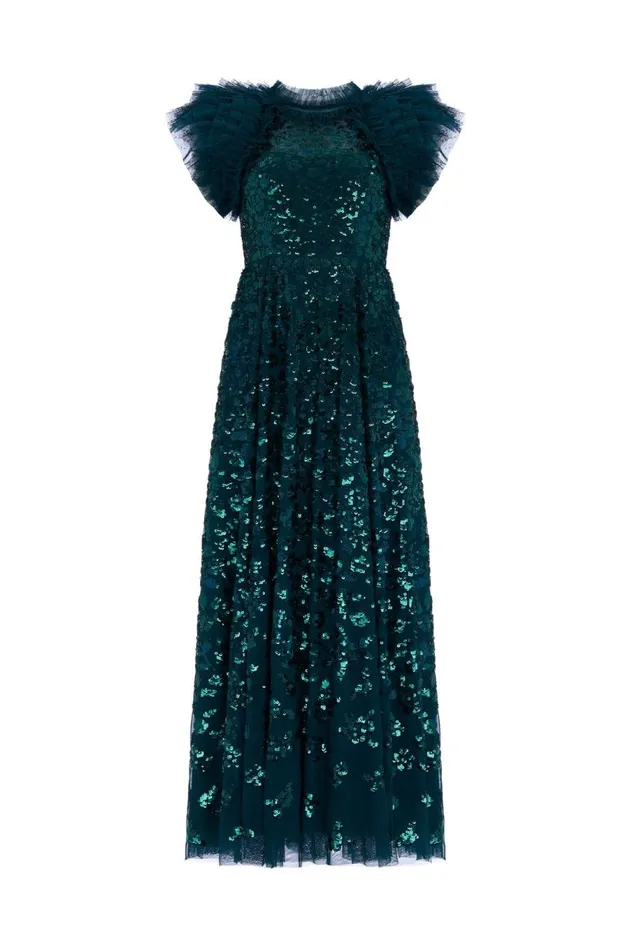Women Embellished Dresses Needle and Thread Sequin Rose Ankle Gown Green