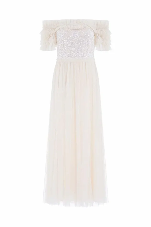 Women Embellished Dresses Needle and Thread Sequin Wreath Bodice OffShoulder Ankle Gown Champagne