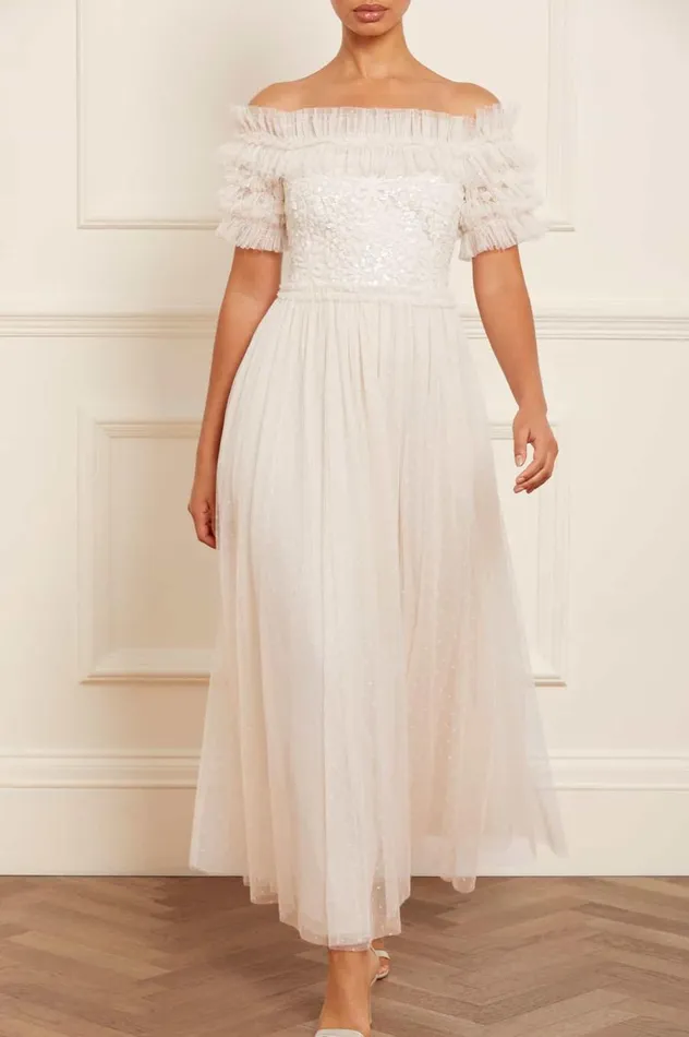 Women Embellished Dresses Needle and Thread Sequin Wreath Bodice OffShoulder Ankle Gown Champagne
