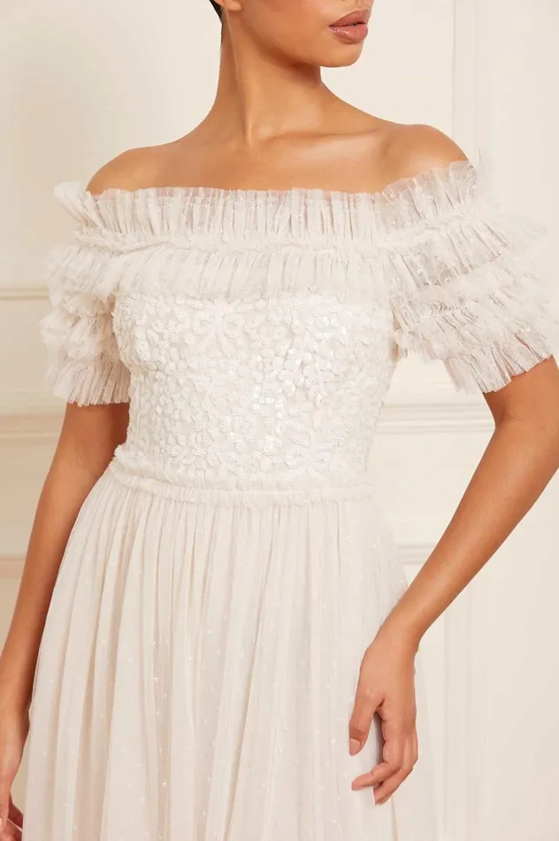 Women Embellished Dresses Needle and Thread Sequin Wreath Bodice OffShoulder Ankle Gown Champagne