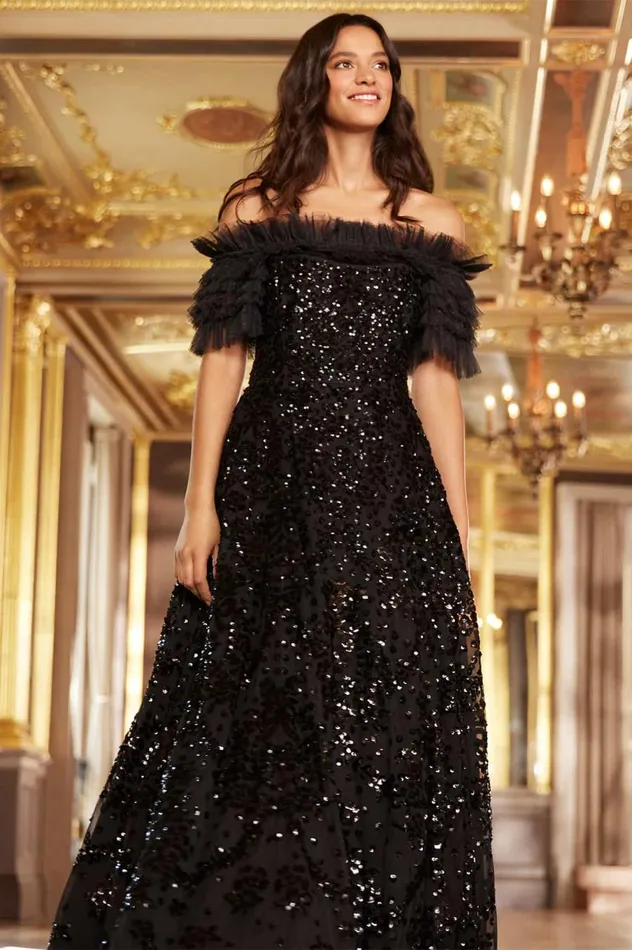Women Embellished Dresses Needle and Thread Sequin Wreath OffShoulder Gown Black