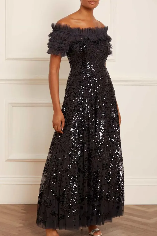 Women Embellished Dresses Needle and Thread Sequin Wreath OffShoulder Gown Black