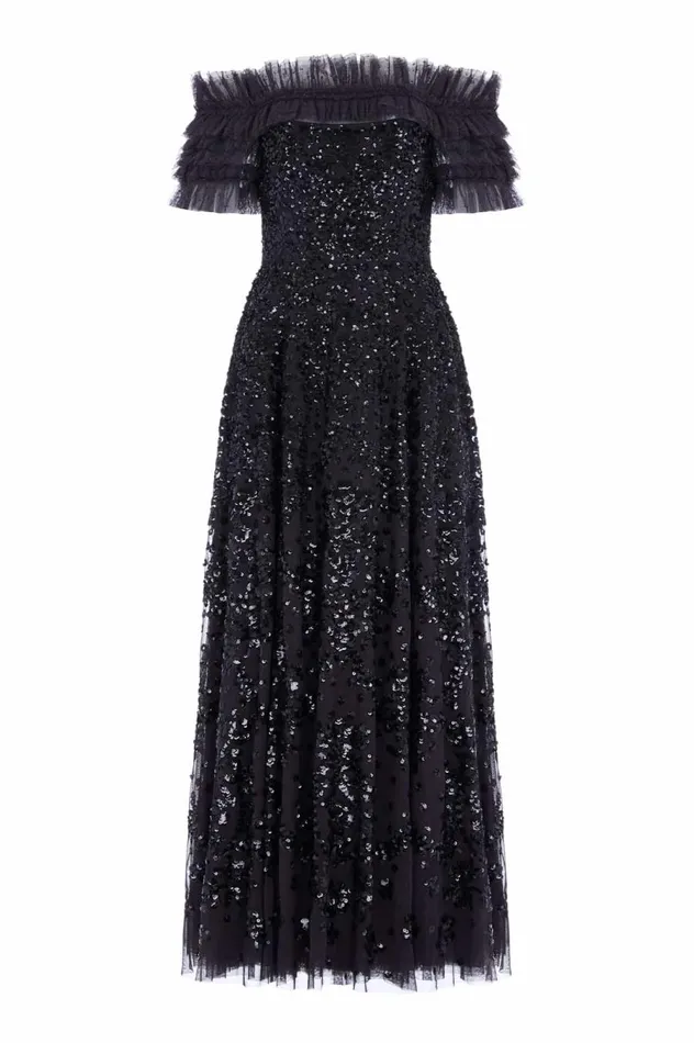Women Embellished Dresses Needle and Thread Sequin Wreath OffShoulder Gown Black