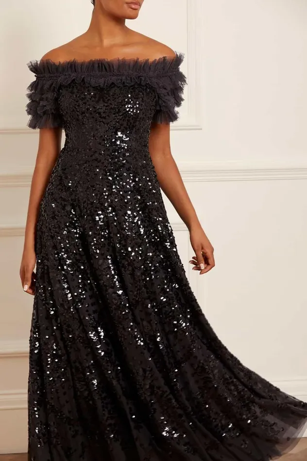 Women Embellished Dresses Needle and Thread Sequin Wreath OffShoulder Gown Black