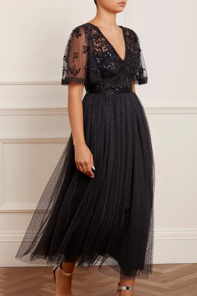 Women Embellished Dresses Needle and Thread Shimmer Primrose Bodice Ankle Gown Black