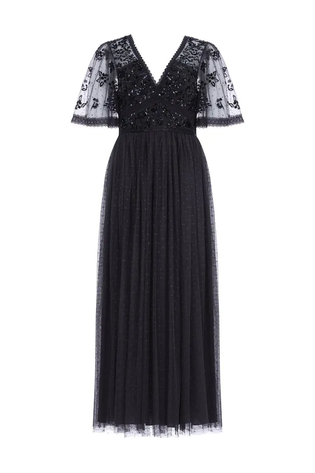 Women Embellished Dresses Needle and Thread Shimmer Primrose Bodice Ankle Gown Black