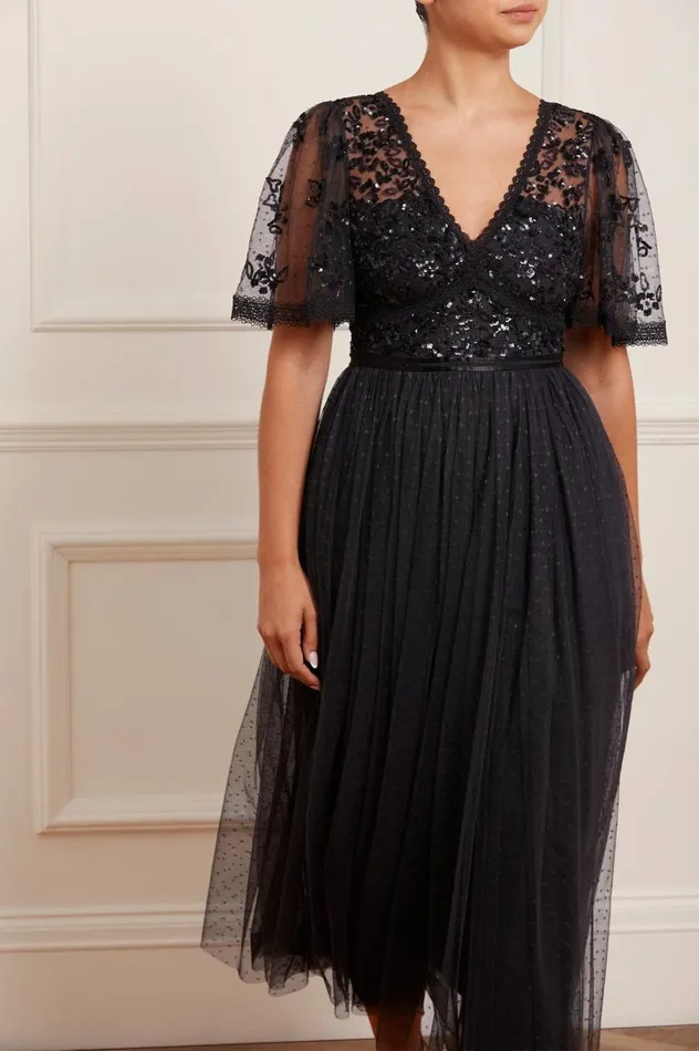 Women Embellished Dresses Needle and Thread Shimmer Primrose Bodice Ankle Gown Black