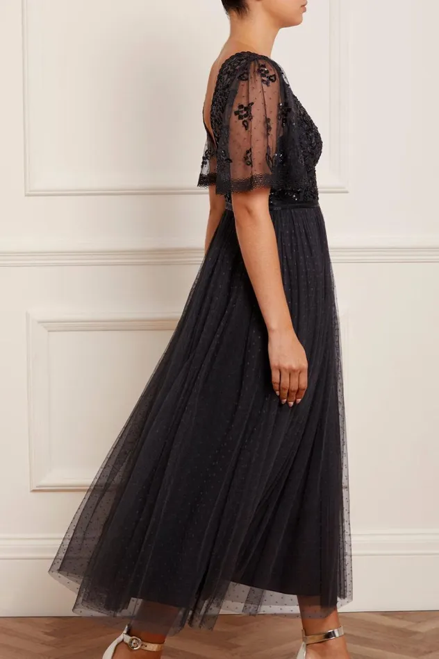 Women Embellished Dresses Needle and Thread Shimmer Primrose Bodice Ankle Gown Black