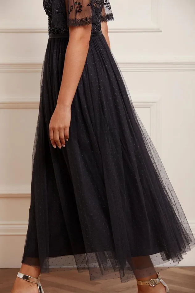 Women Embellished Dresses Needle and Thread Shimmer Primrose Bodice Ankle Gown Black