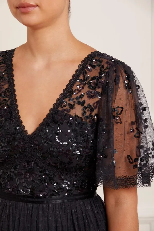 Women Embellished Dresses Needle and Thread Shimmer Primrose Bodice Ankle Gown Black