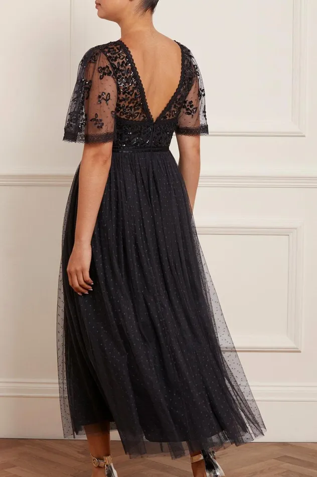 Women Embellished Dresses Needle and Thread Shimmer Primrose Bodice Ankle Gown Black