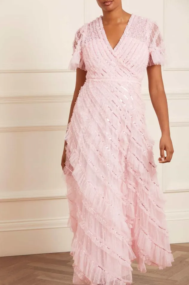 Women Embellished Dresses Needle and Thread Spiral Sequin VNeck Ankle Gown Pink