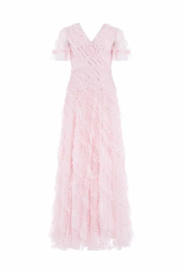 Women Embellished Dresses Needle and Thread Spiral Sequin VNeck Ankle Gown Pink