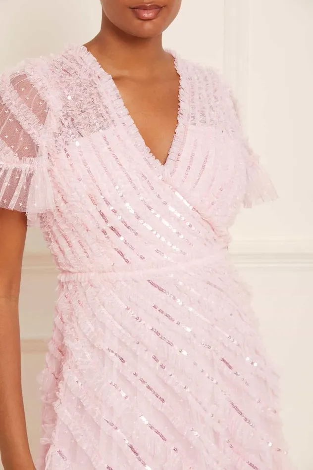 Women Embellished Dresses Needle and Thread Spiral Sequin VNeck Ankle Gown Pink