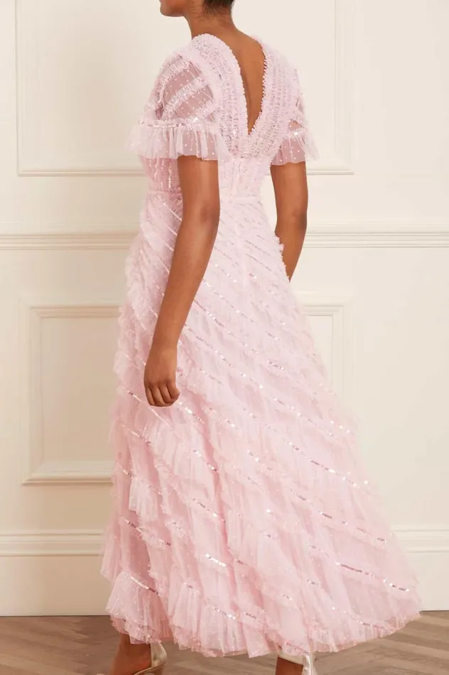 Women Embellished Dresses Needle and Thread Spiral Sequin VNeck Ankle Gown Pink