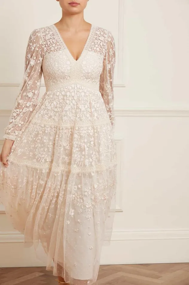 Women Embroidered Dresses Needle and Thread Celestia Ribbon Ankle Gown Champagne