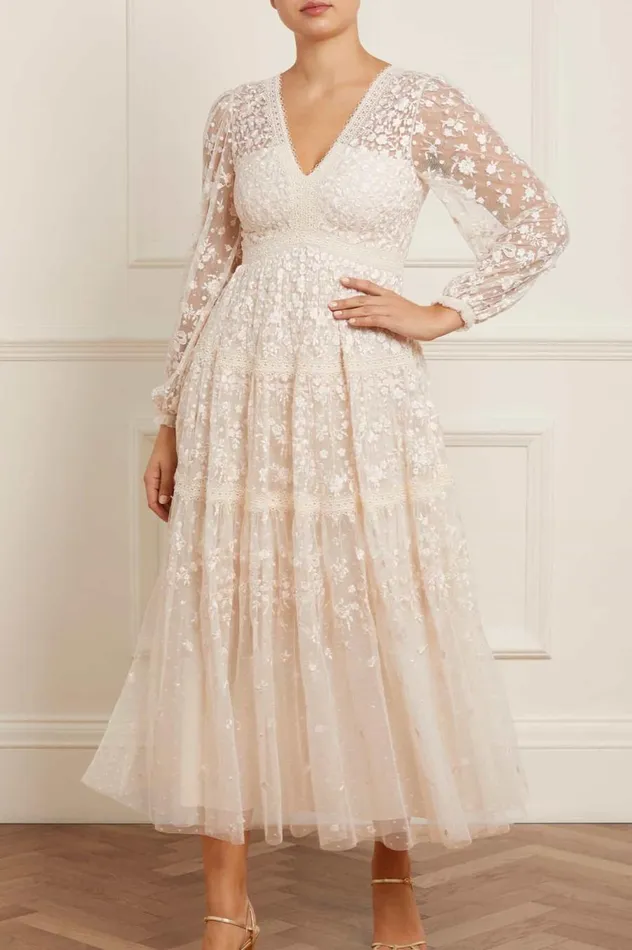 Women Embroidered Dresses Needle and Thread Celestia Ribbon Ankle Gown Champagne