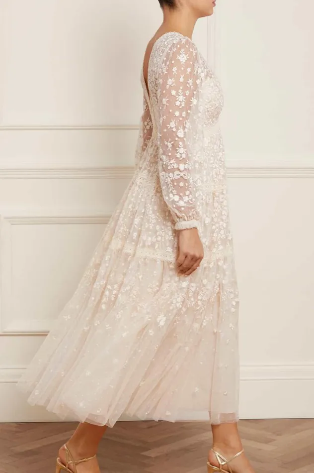 Women Embroidered Dresses Needle and Thread Celestia Ribbon Ankle Gown Champagne