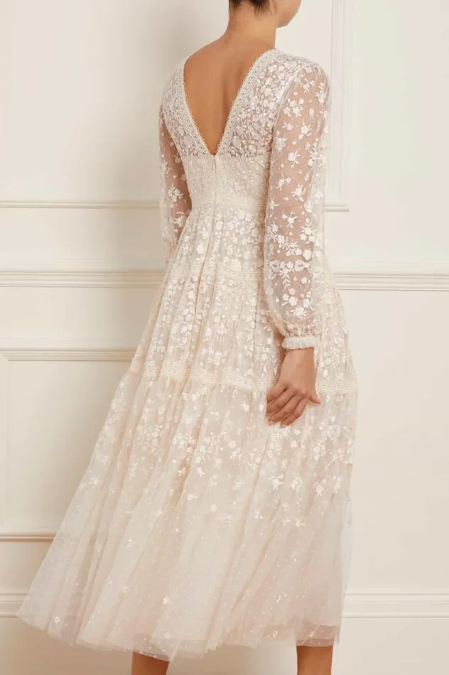 Women Embroidered Dresses Needle and Thread Celestia Ribbon Ankle Gown Champagne