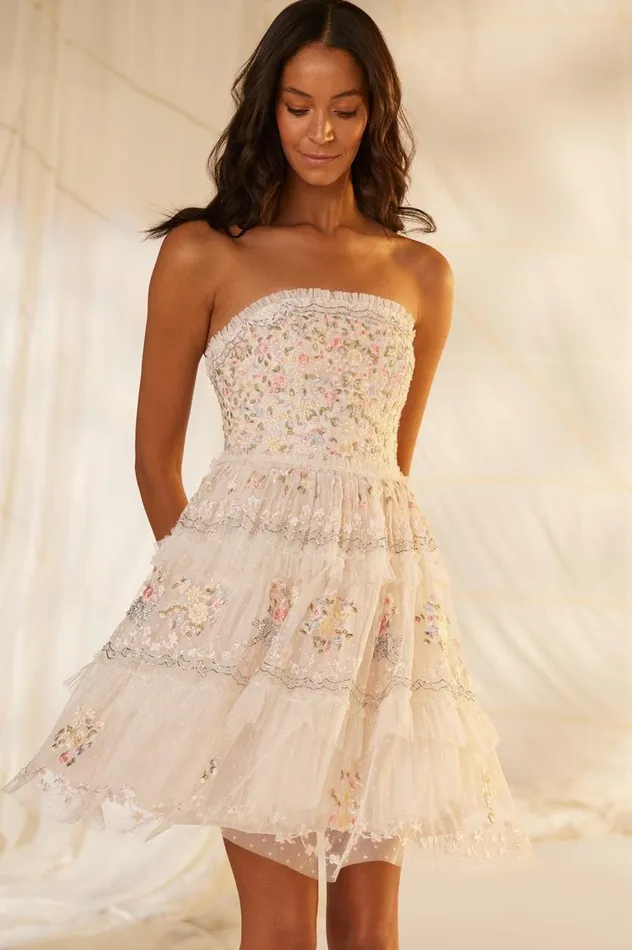 Women Embroidered Dresses Needle and Thread Primrose Bouquet Strapless Micro Mini Dress Champagne
