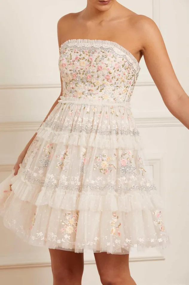 Women Embroidered Dresses Needle and Thread Primrose Bouquet Strapless Micro Mini Dress Champagne