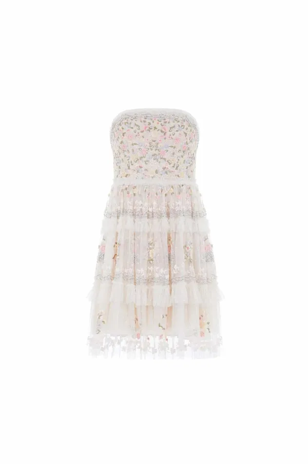 Women Embroidered Dresses Needle and Thread Primrose Bouquet Strapless Micro Mini Dress Champagne