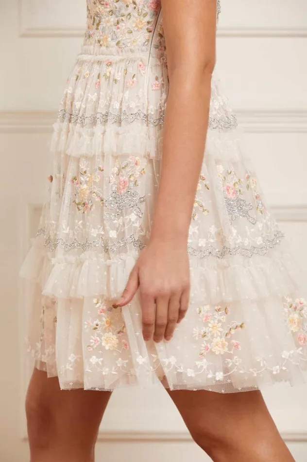 Women Embroidered Dresses Needle and Thread Primrose Bouquet Strapless Micro Mini Dress Champagne