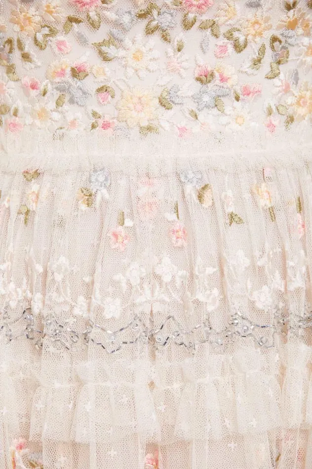 Women Embroidered Dresses Needle and Thread Primrose Bouquet Strapless Micro Mini Dress Champagne