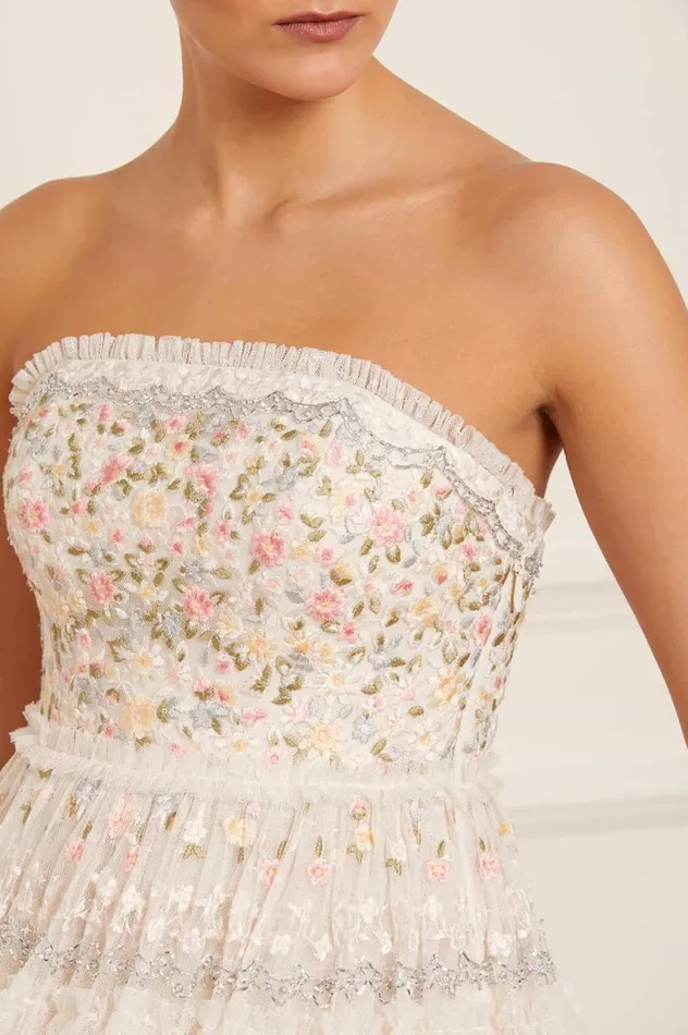Women Embroidered Dresses Needle and Thread Primrose Bouquet Strapless Micro Mini Dress Champagne