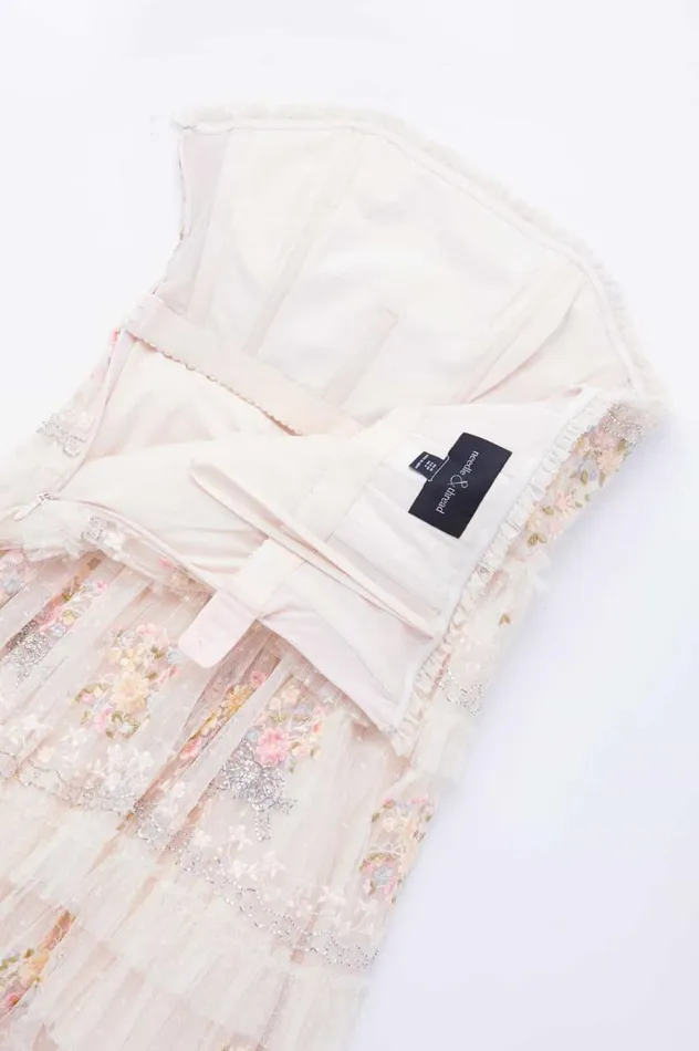 Women Embroidered Dresses Needle and Thread Primrose Bouquet Strapless Micro Mini Dress Champagne