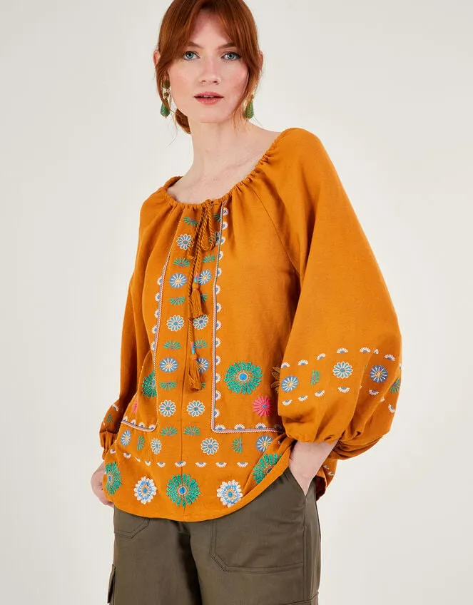 Women Embroidered Flower Tunic Top In Linen Blend Yellow Monsoon Dresses