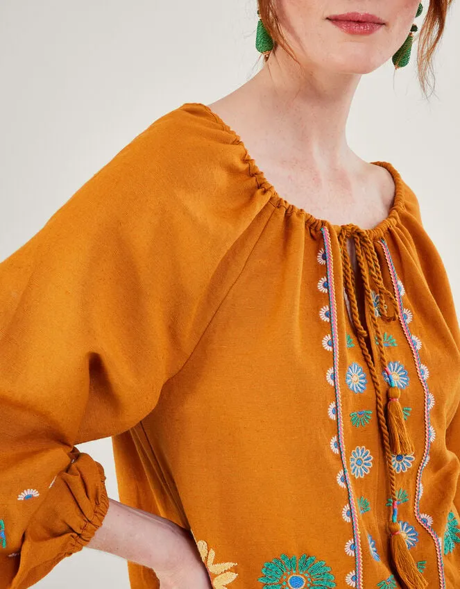 Women Embroidered Flower Tunic Top In Linen Blend Yellow Monsoon Dresses
