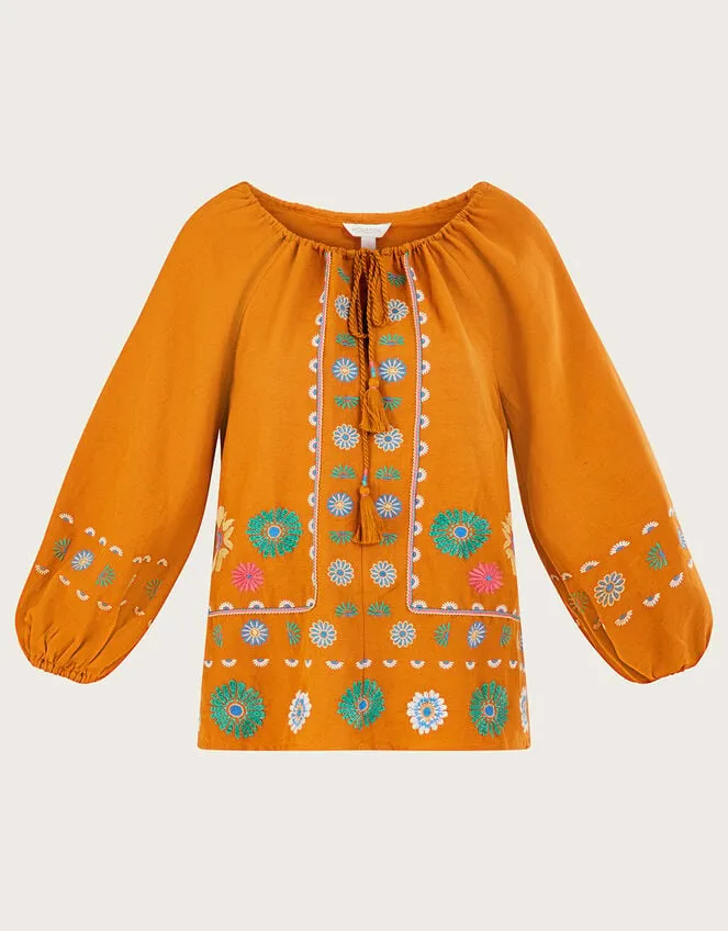 Women Embroidered Flower Tunic Top In Linen Blend Yellow Monsoon Dresses