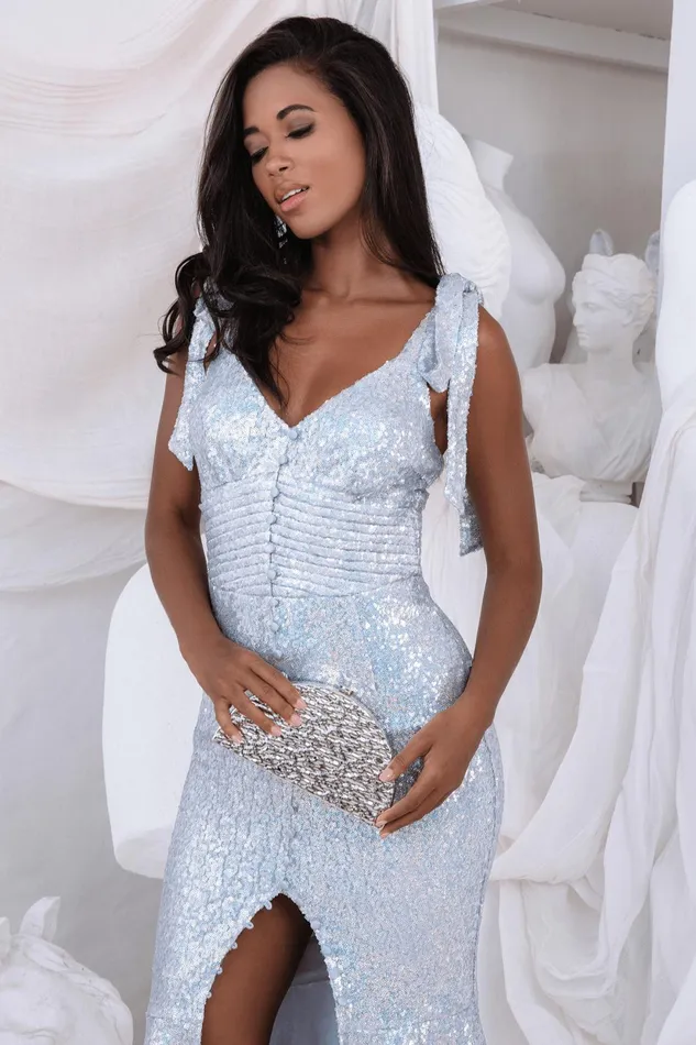Women Engagement Party Lavish Alice KAMILA Tie Strap Micro Button Sequin Midi Dress In Silver Silver