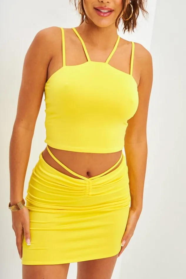 Women Ensemble 2 Pices Crop Top Jupe Cordon Jaune Brentiny Paris Crop Tops