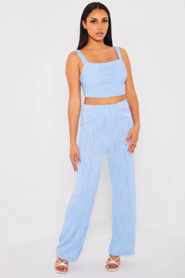 Women Ensemble 2 Pices Crop Top Pantalon Bleu Motif Vague Blue Brentiny Paris Pants